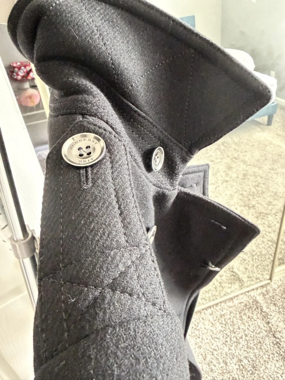 Burberry Black Wool Blend Coat with Signature Label - Picture 4 of 7